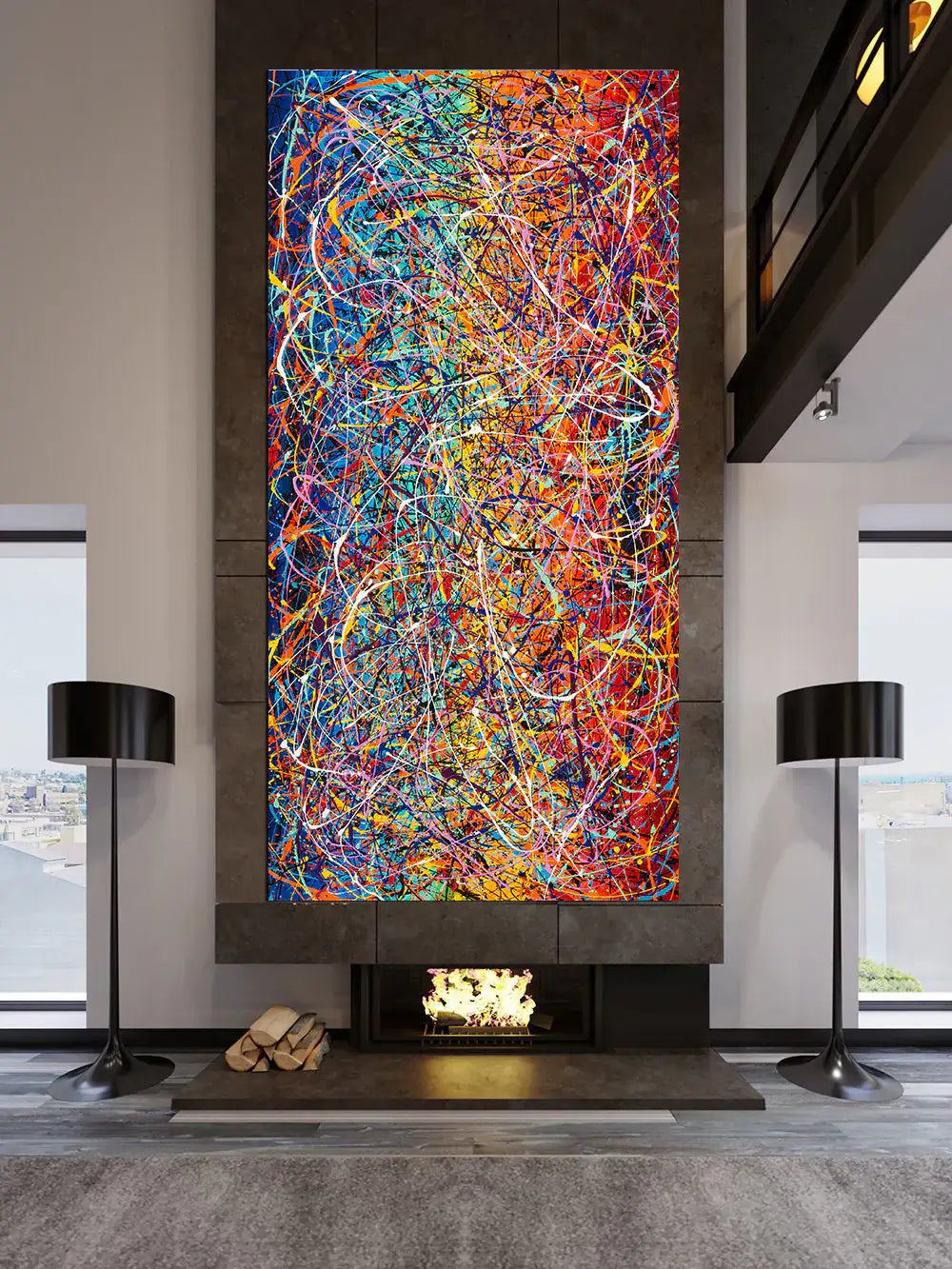 Painting Jackson Pollock | Vibrant drip style abstract art displayed above a modern fireplace in a stylish living room.