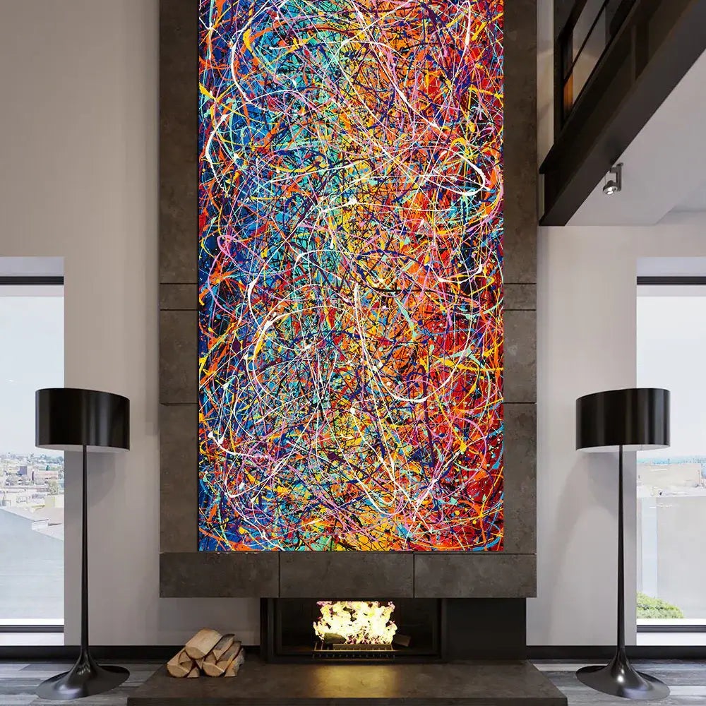 Jackson Pollock Art - Handmade abstract painting on canvas, vibrant colors in a modern living room setting.
