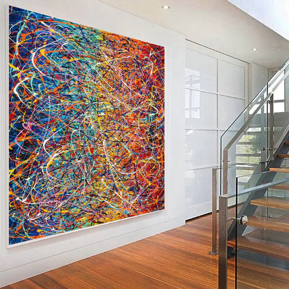 Painting Jackson Pollock displayed in a modern stairwell, featuring vibrant colors and abstract drip style design.
