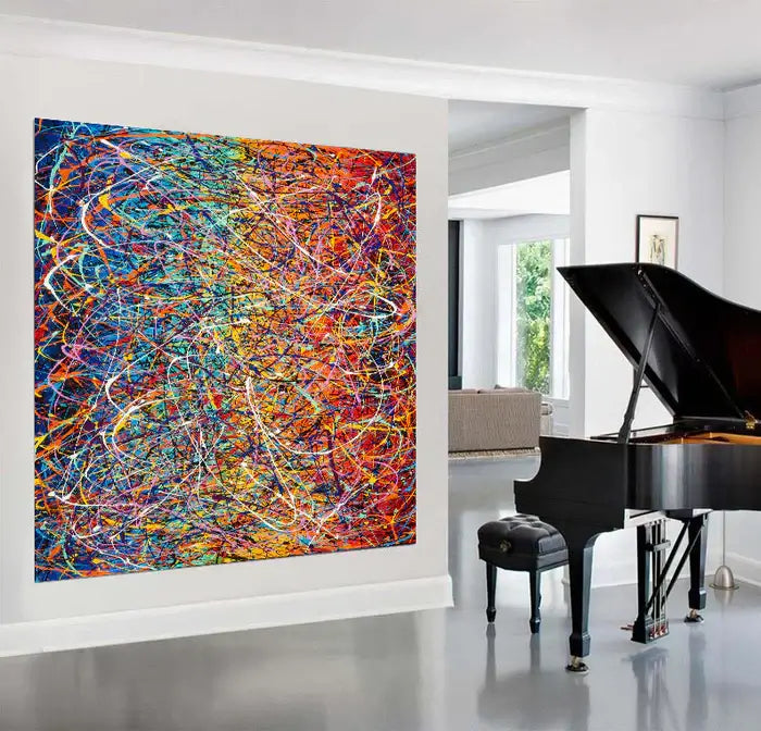Jackson Pollock Style Art in a modern living space with a grand piano, featuring vibrant colors and abstract drip painting style.