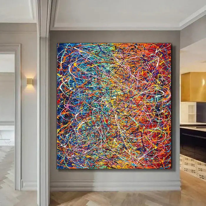 Pollock Inspired Wall Art | Abstract drip painting showcasing vibrant colors and dynamic patterns in a modern interior setting.