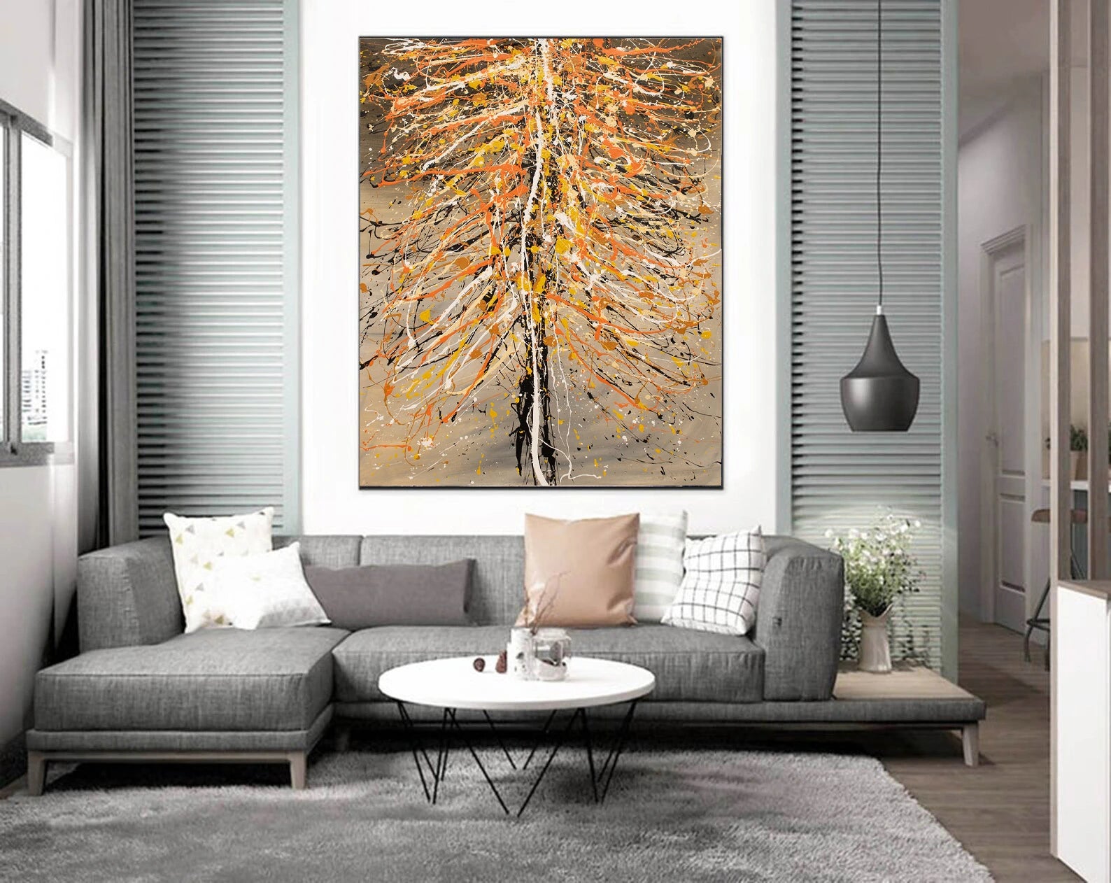 Christmas Tree Painting displayed in a modern living room, featuring vibrant orange and textured brushstrokes.