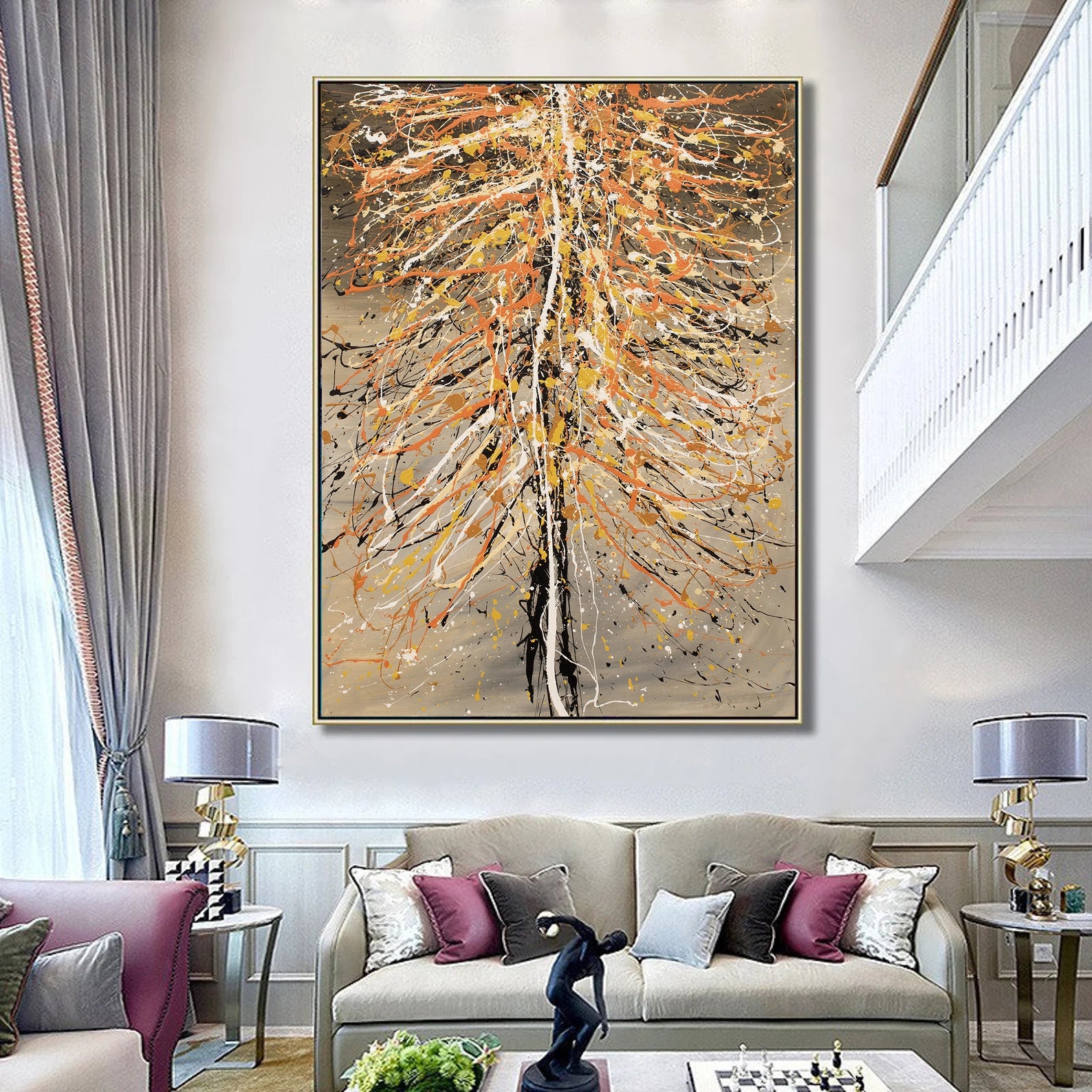 Christmas Tree Painting in a modern living room, showcasing vibrant colors and textured brushstrokes by Maitreyii.