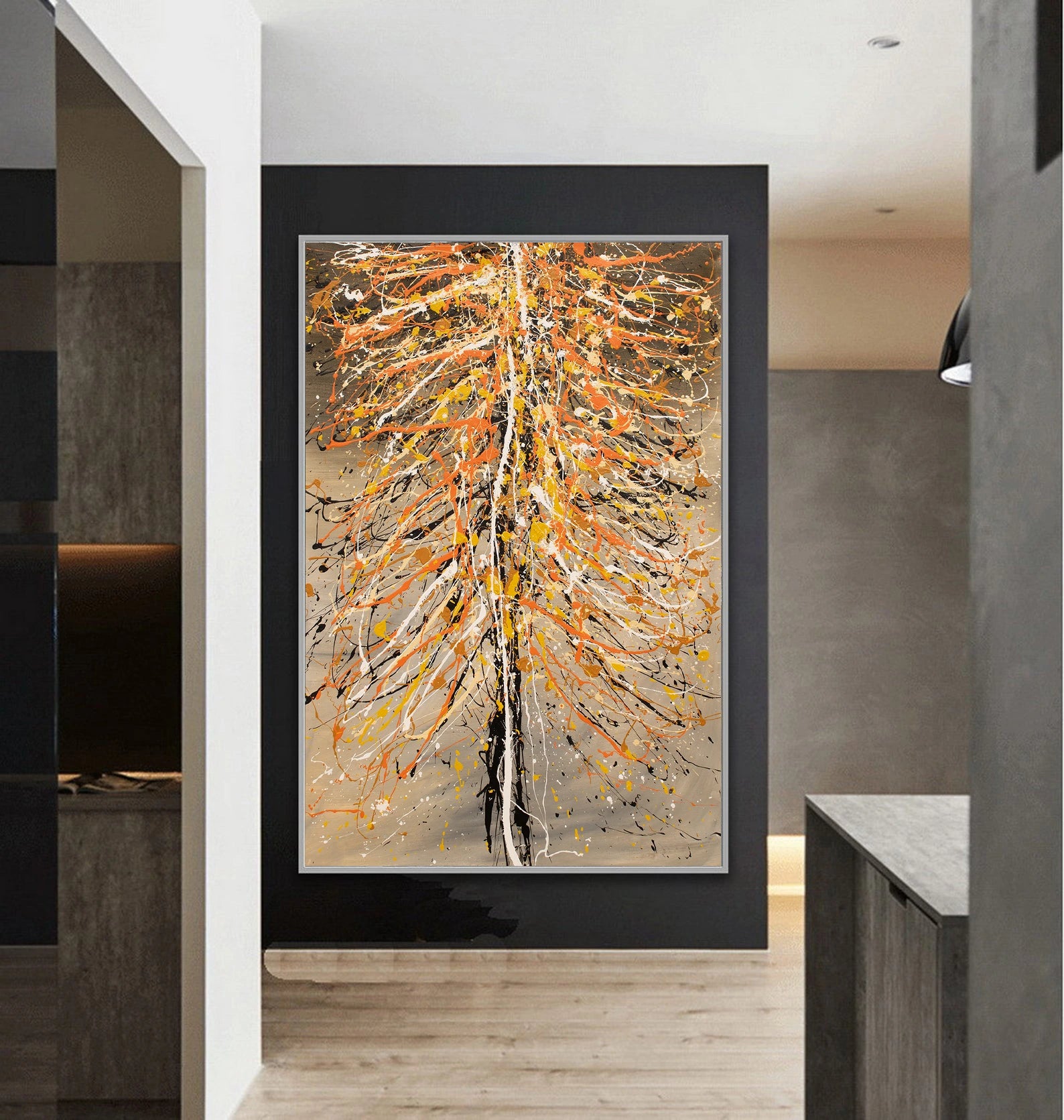 Christmas Tree Painting - Hand painted modern art piece featuring a textured tree design in warm autumn colors.