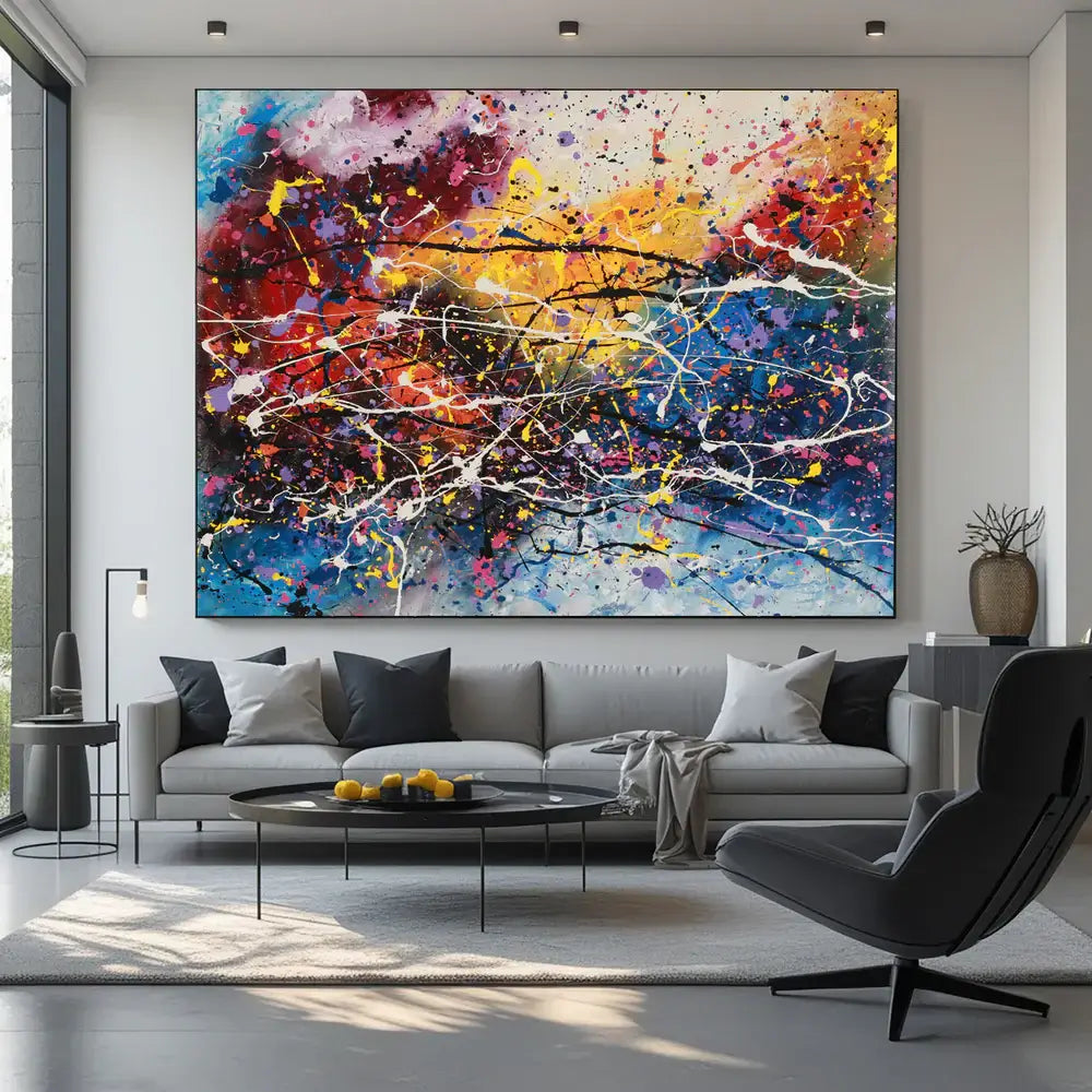 Amazing Abstract Paintings in a modern living room showcasing vibrant colors and energetic textures.