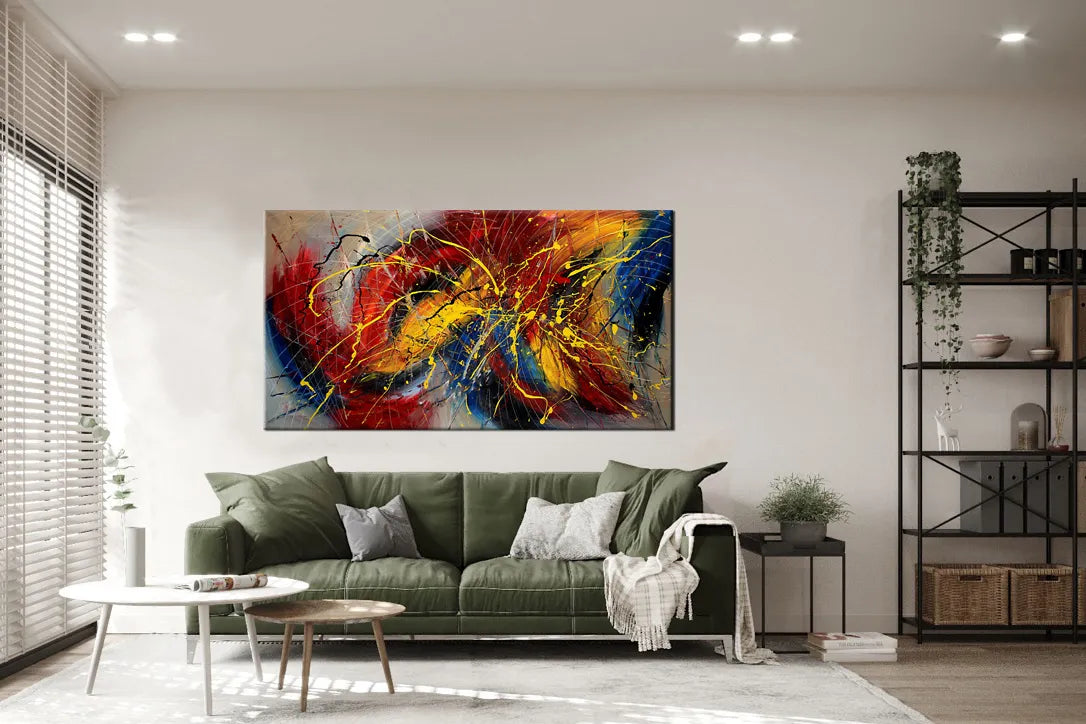 Abstract Red Painting handmade modern wall art on canvas displayed above green sofa in contemporary living room decor