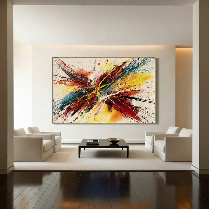 Abstract canvas painting displayed in modern living room, featuring vibrant colors and bold design.