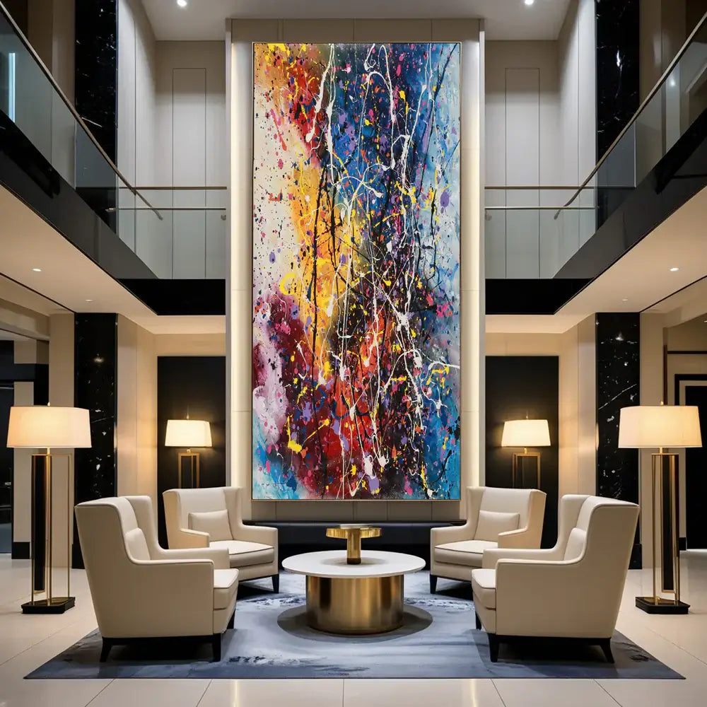 Amazing Abstract Paintings displayed in a stylish modern living space with white chairs and elegant decor.