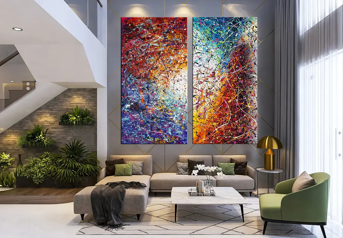Abstract Angel Paintings displayed in a modern living room setting, featuring vibrant colors and dramatic textures.