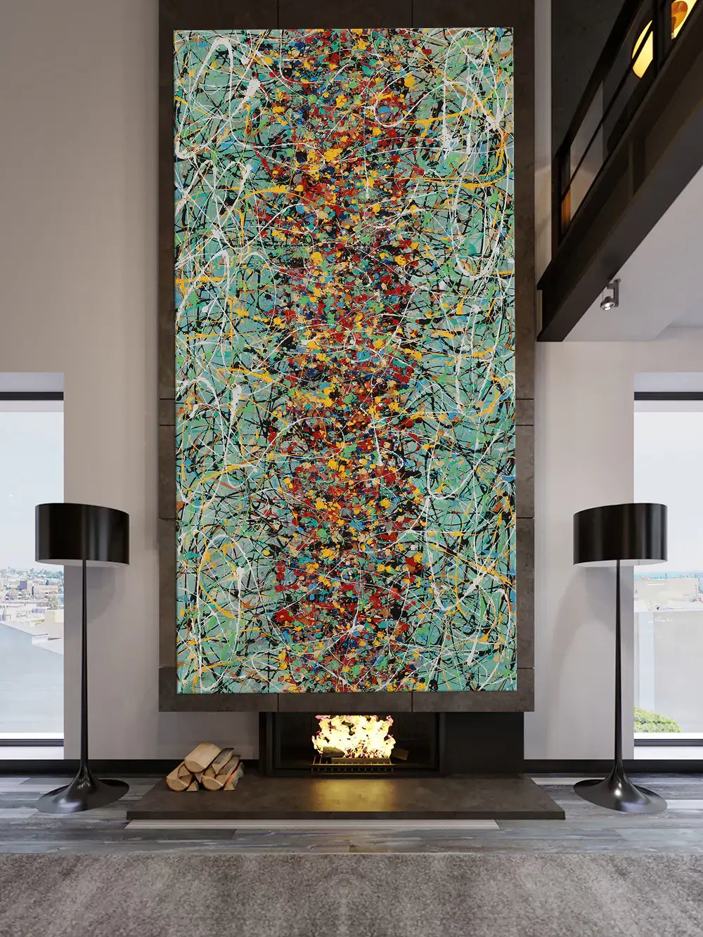 Drip painting on canvas featuring vibrant colors and dynamic patterns, showcasing modern abstract art in a stylish interior.