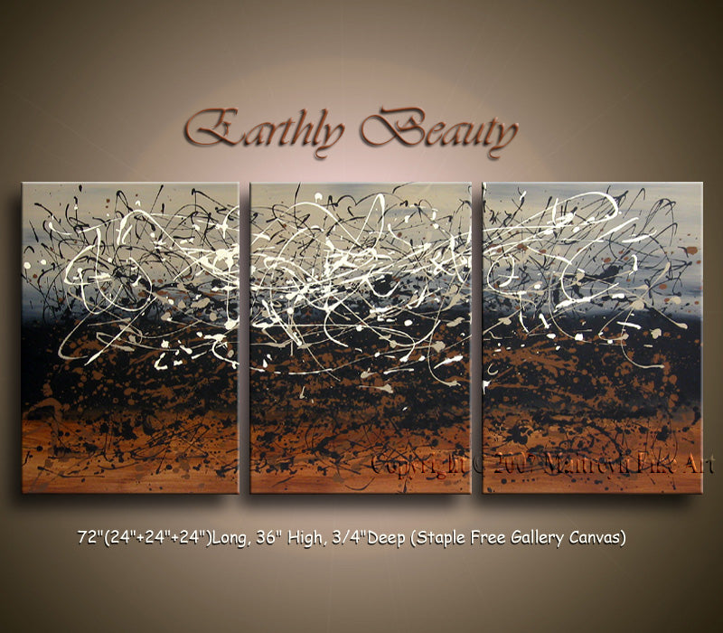Jackson Pollock style painting titled 'Earthly Beauty' in a triptych format with dynamic splashes and drips.