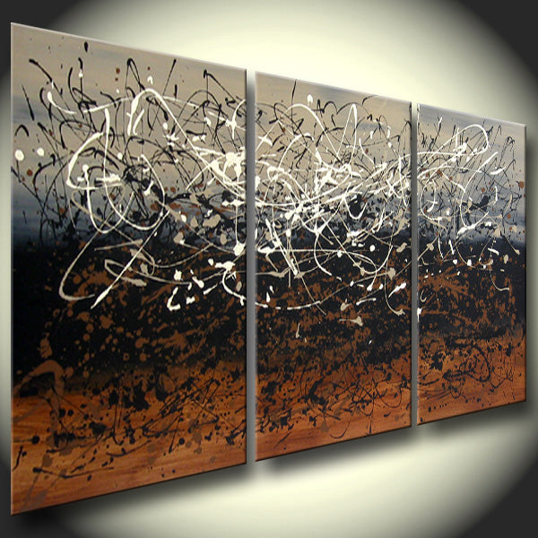 Jackson Pollock style painting featuring abstract drip and splatter art in bold black and white colors for wall decor.