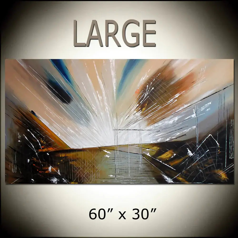 Modern Wall Art - Handmade abstract canvas painting showcasing bright colors and dynamic shapes, size 60" x 30".