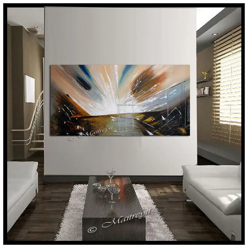 Modern Wall Art - Handmade abstract canvas painting titled Earthly Light in a contemporary living room setting.