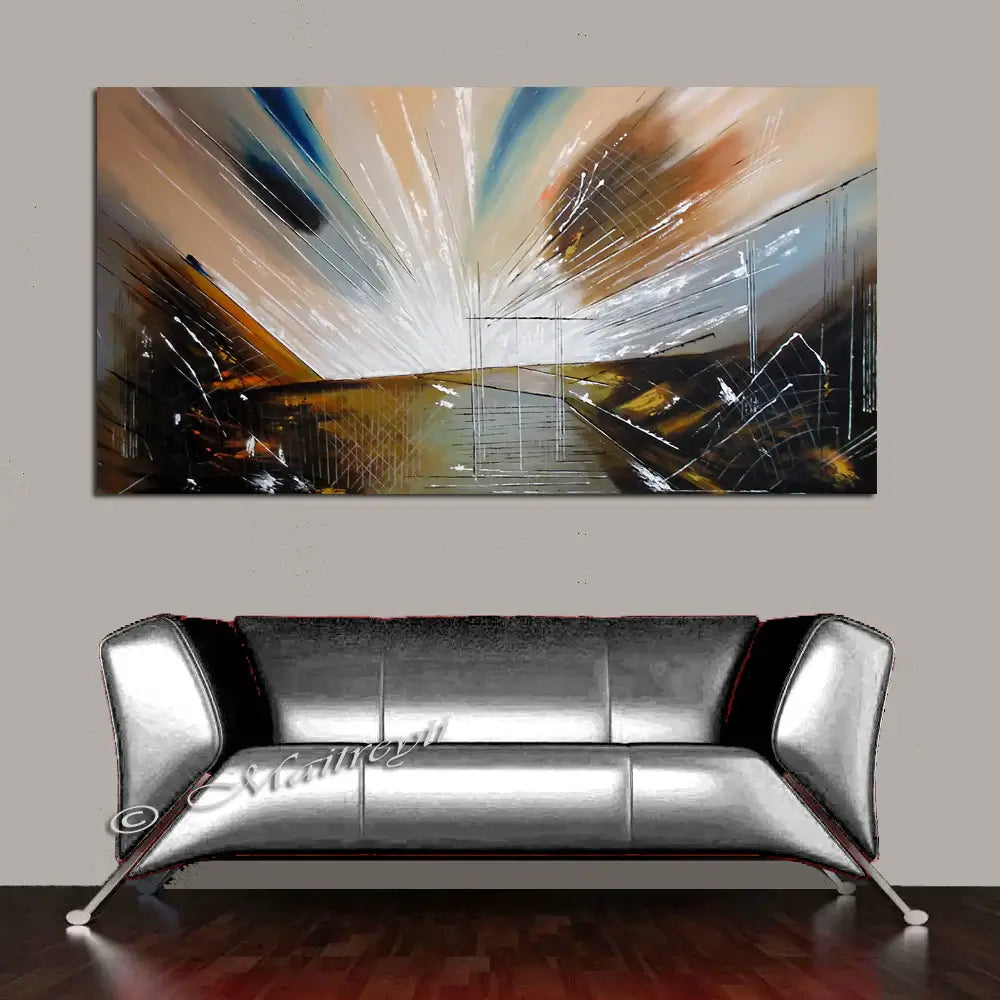 Modern Wall Art - Handmade abstract canvas painting titled Earthly Light displayed above a contemporary sofa.