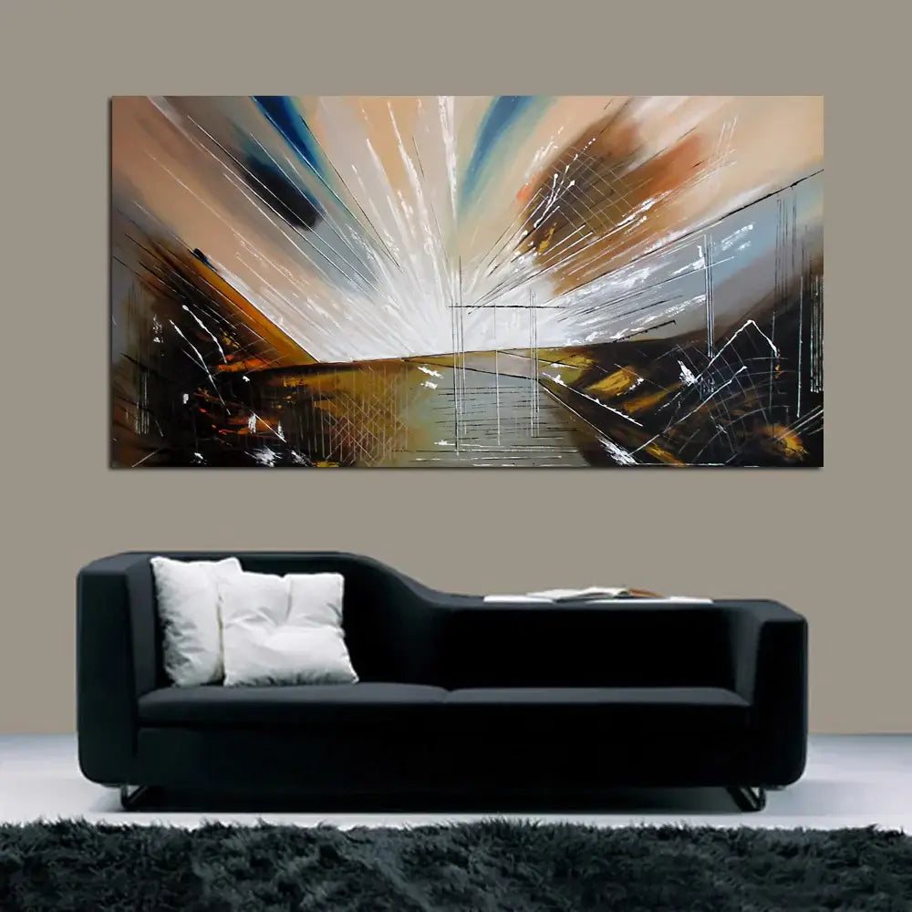 Modern Wall Art | Handmade Abstract Canvas Painting - Earthly Light displayed above a stylish black sofa.