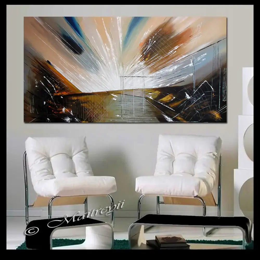 Modern Wall Art - Handmade abstract canvas painting featuring dynamic colors and textures in a stylish living room setting.