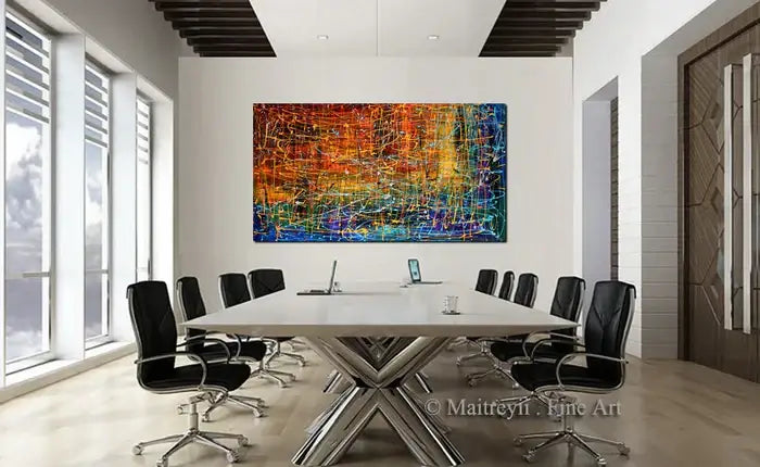 Multicolored Abstract Painting in conference room featuring bold colors and intricate design, titled Embracing Fire.