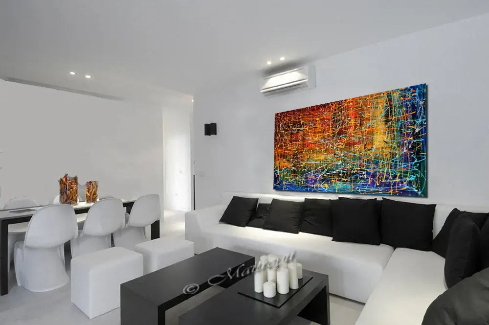 Drip Painting on Canvas showcasing vibrant colors in a modern living room setting, adding bold art to the decor.