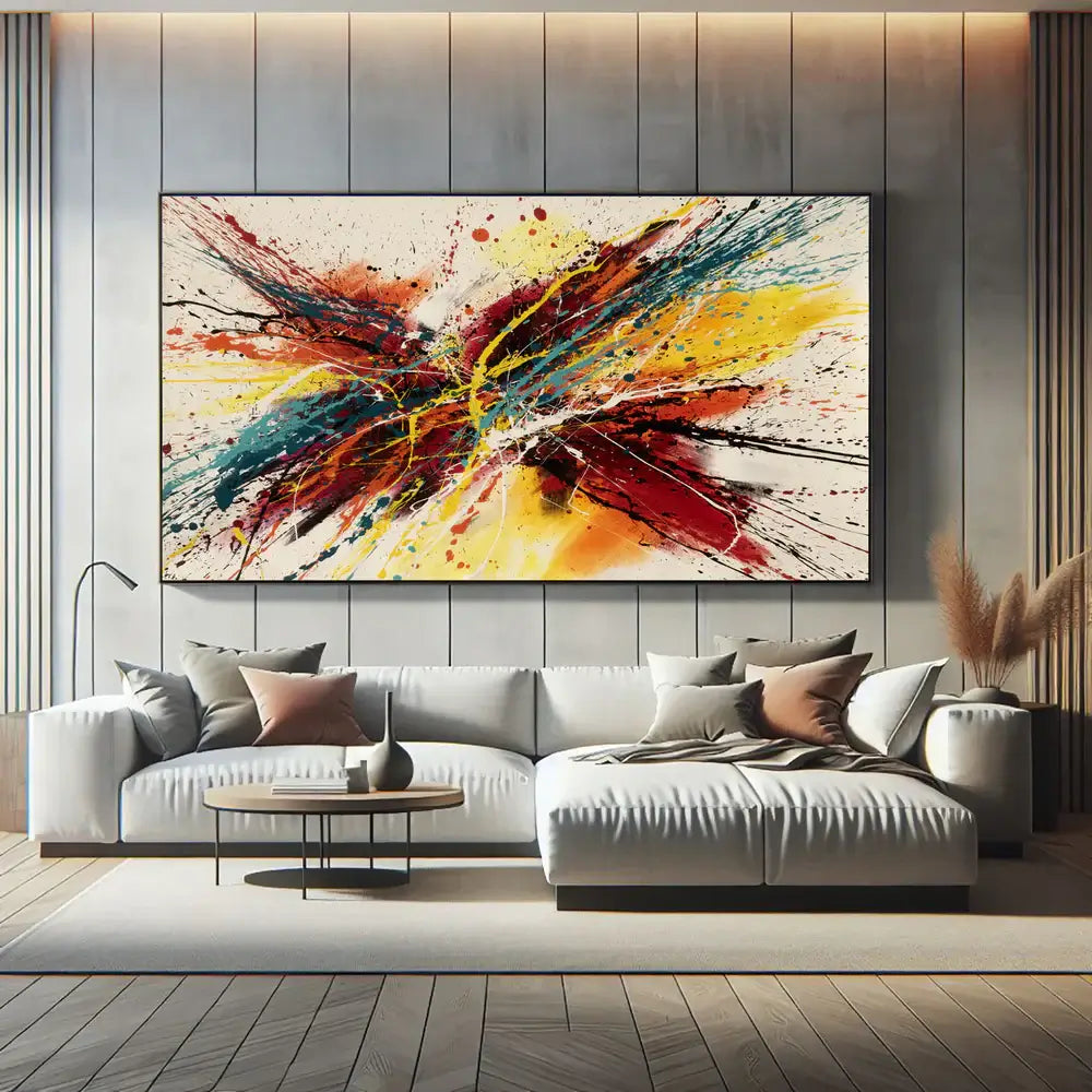 Amazing Abstract Art displayed in a modern living room setting with bold colors and unique design elements.