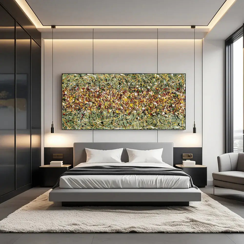 Original Pollock style artwork displayed above a modern bed in a stylish bedroom, showcasing abstract drips and vibrant colors.