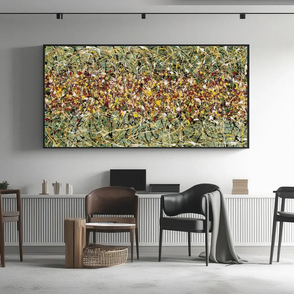 Original Pollock style artwork featuring vibrant colors and dynamic patterns in a modern living room setting.