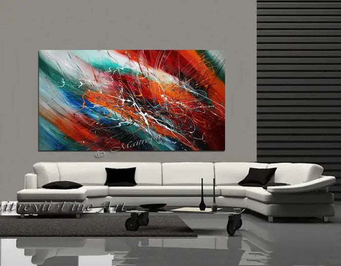 Abstract art Decor Large Painting titled Fall in Love displayed on wall above modern white sofa.