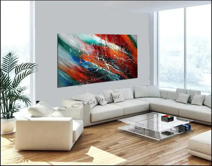 Abstract art Decor Large Painting displayed in a modern living room with natural light and minimalist furniture.