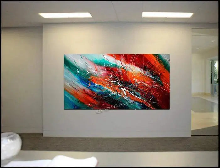 Abstract art Decor Large Painting - vibrant, handmade acrylic painting on canvas showcasing red, turquoise, and white colors.