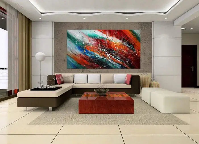 Abstract art Decor Large Painting in modern living room with vibrant colors and contemporary furniture.