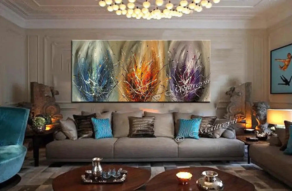 Multicoloured Abstract Art For Sale featuring vibrant hand-painted art titled Glimpse of Light in a modern living room setting.