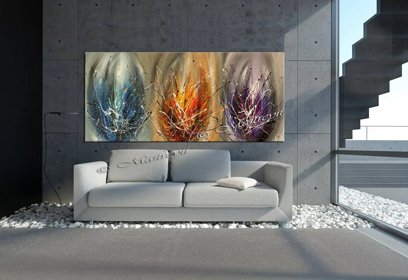Multicoloured Abstract Art For Sale - Glimpse of Light, vibrant wall painting in modern living room setting.