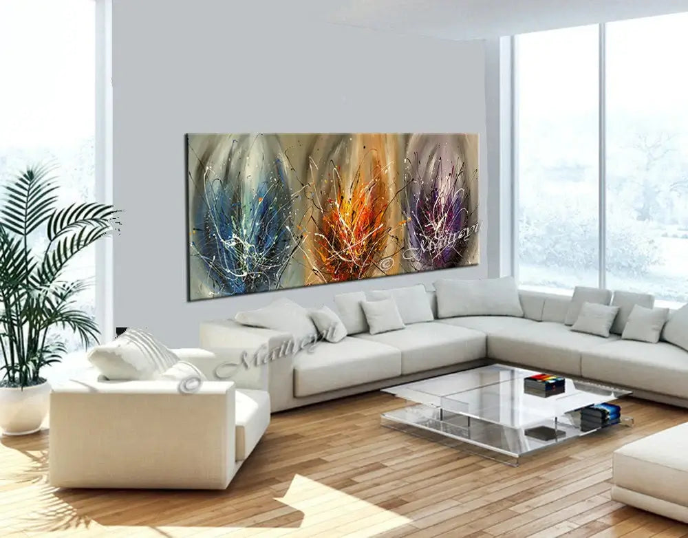 Multicoloured Abstract Art For Sale - Hand-painted original artwork titled Glimpse of Light in a modern living room setting.