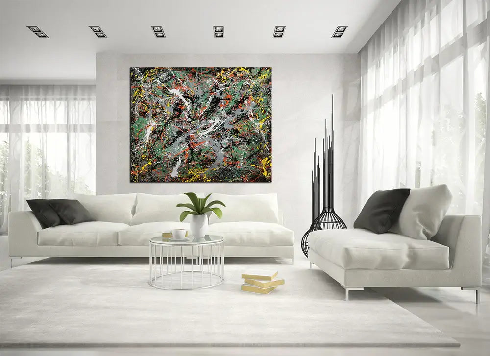 Pollock Inspired Wall Art displayed in a modern living room setting with a light color palette.