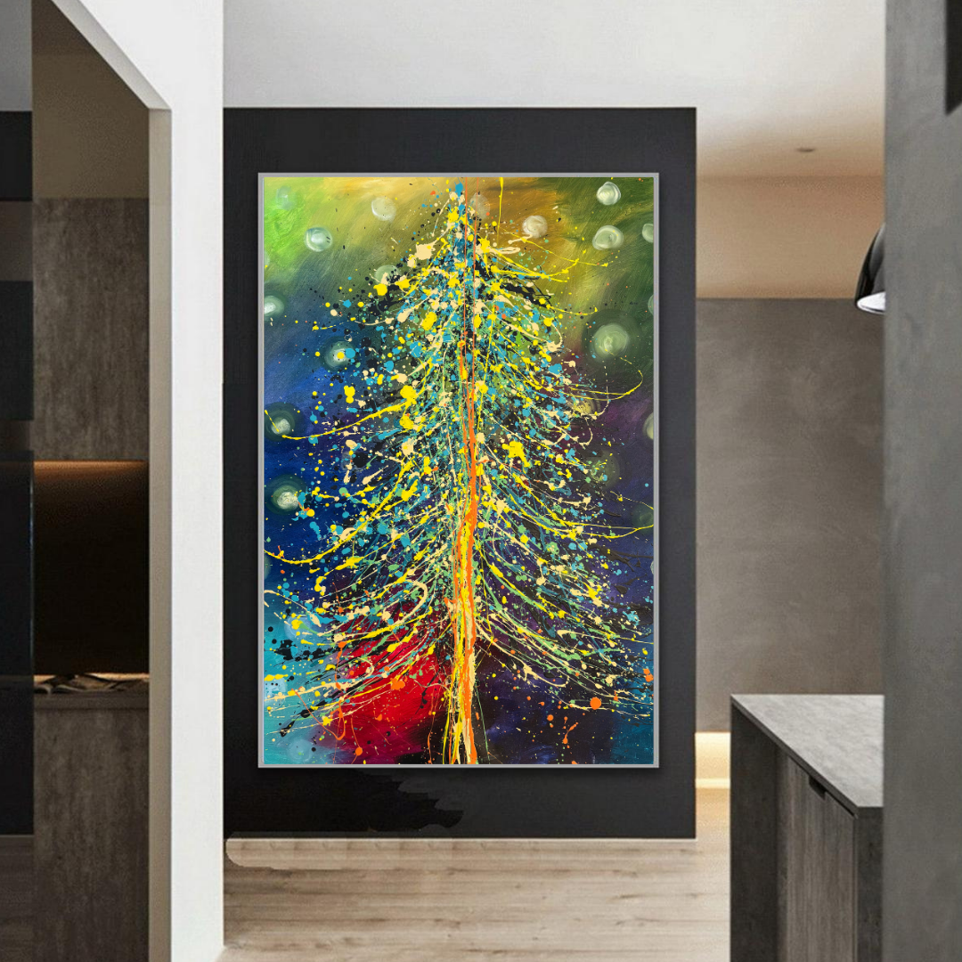 Christmas Decor - Vibrant hand-painted wall art featuring a colorful tree design, perfect for festive holiday decoration.