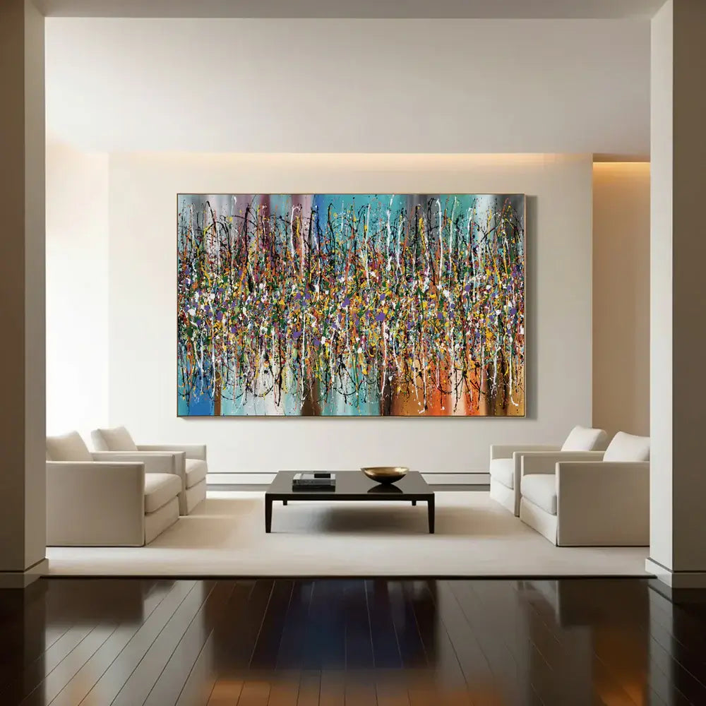 Contemporary Abstract Drip Painting displayed in modern living room, showcasing bold colors and expressive texture.