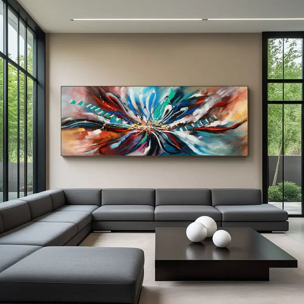 Large Modern Art Oil Painting in contemporary living room setting with bold colors and abstract design.