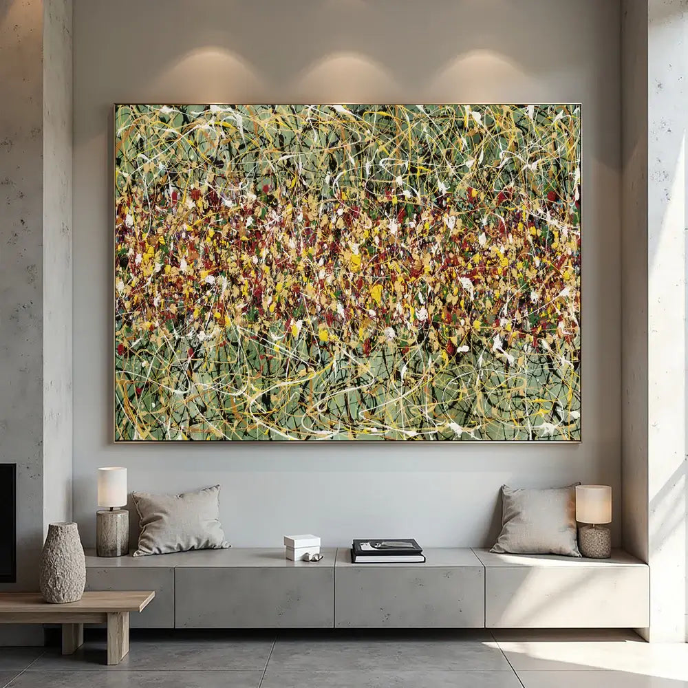 Original Pollock style artwork - hand-painted abstract drip painting with vibrant colors and dynamic texture.