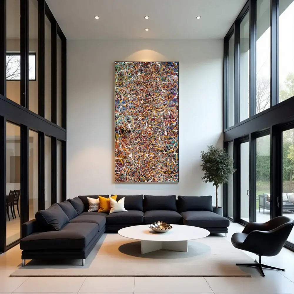 Minimalist Abstract Art displayed in a modern living room, featuring clean lines and vibrant colors.