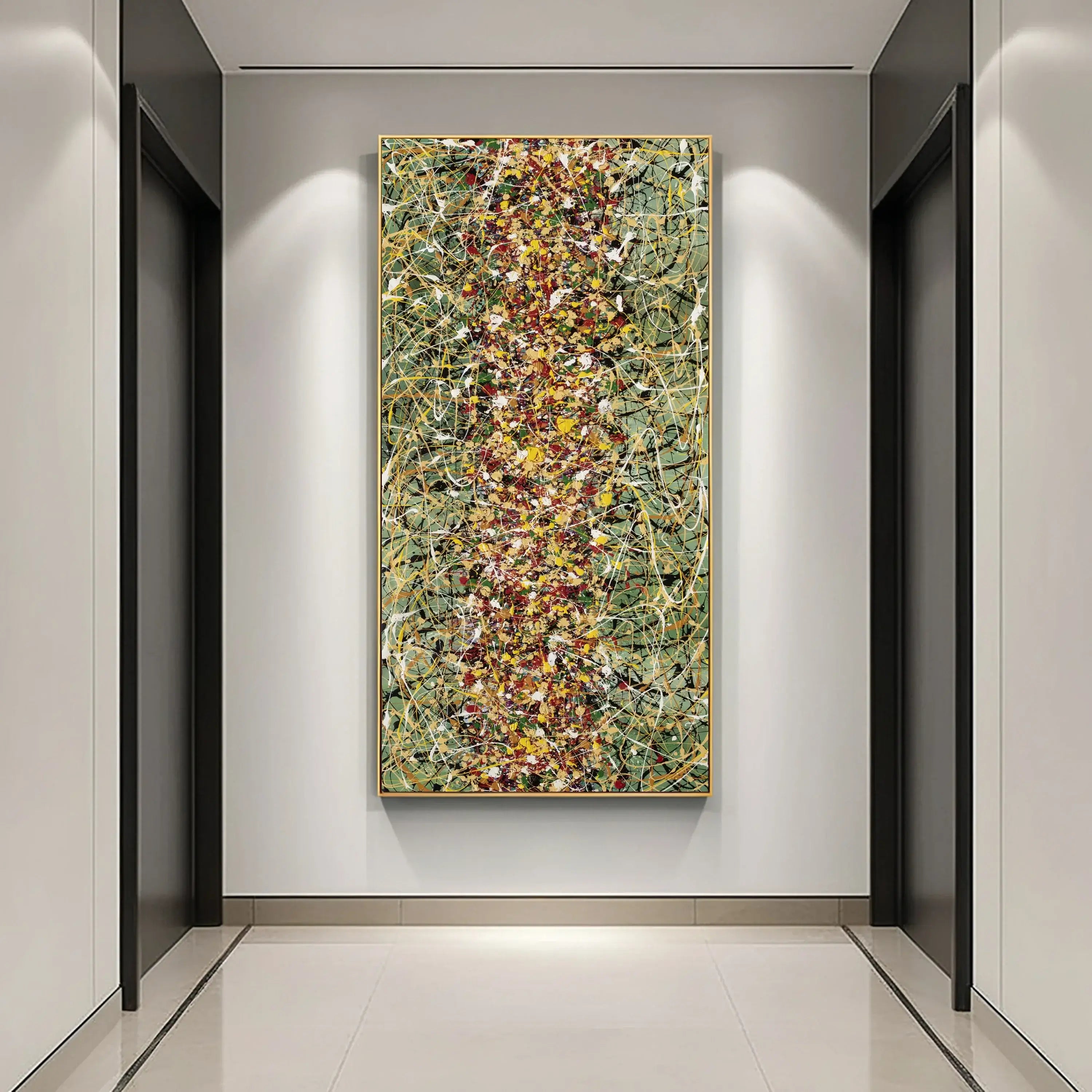 Jackson Pollock style wall art on display in a modern hallway, featuring dynamic colors and textures.