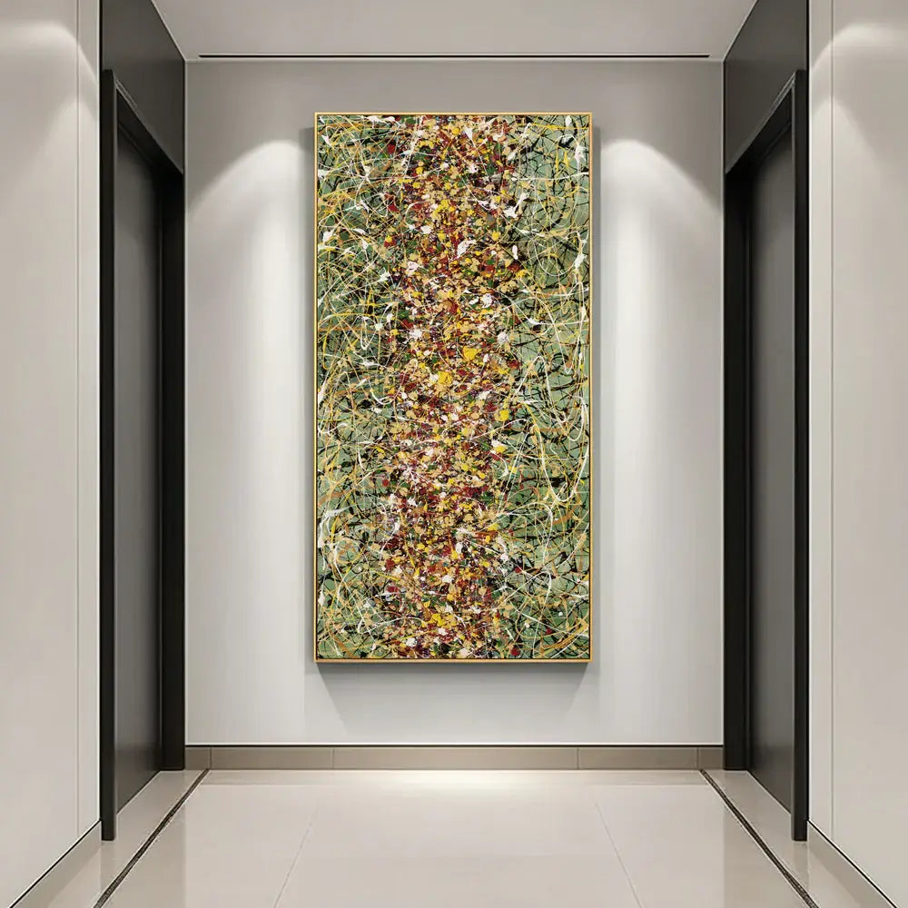 Original Pollock style artwork displayed in a modern hallway, showcasing vibrant abstract drip painting.