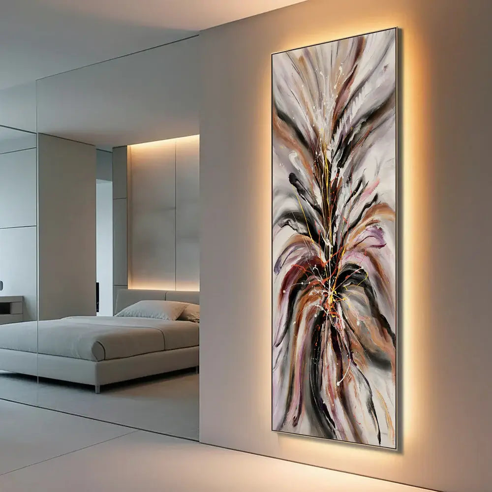 Contemporary Abstract Canvas artwork displayed in a modern bedroom, featuring bold colors and dynamic textures.