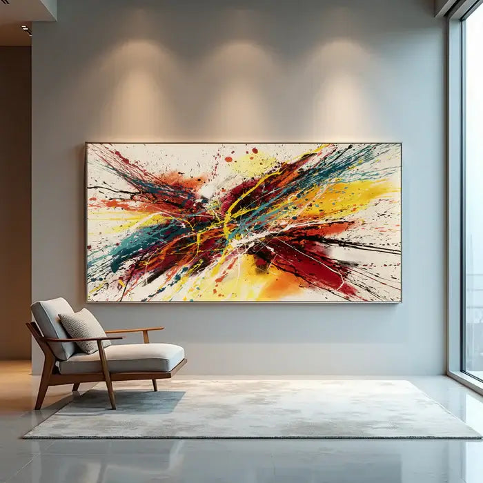 Abstract canvas painting displayed in a modern living room, adding bold colors and contemporary style to home decor.