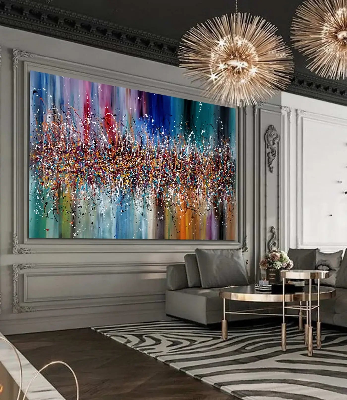 Colourful Abstract Wall Art - Modern oversized canvas painting in a stylish living room setting.