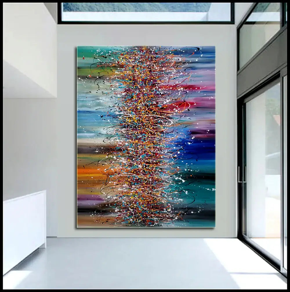 Colourful Abstract Wall Art displayed in a modern living space, showcasing vibrant colors and dynamic brushstrokes.
