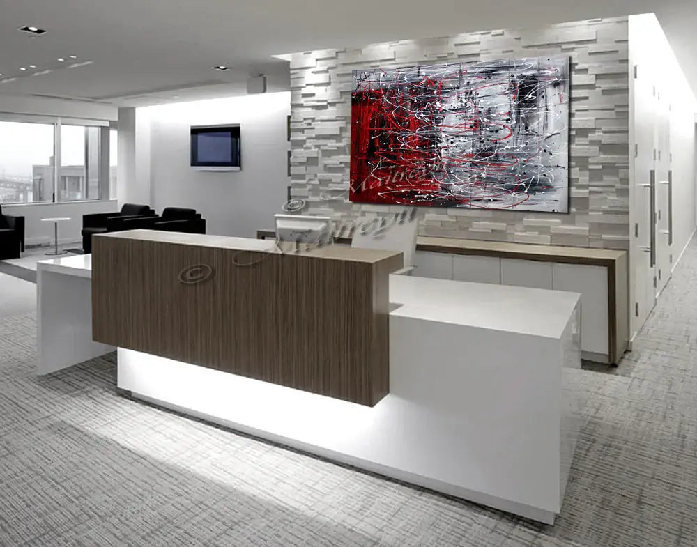 Red Painting Abstract Art displayed in a modern office reception area, showcasing bold colors and contemporary design.