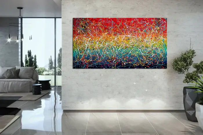 Jackson Pollock Style Modern Art 72, wall art home decor in vibrant colors displayed in a stylish living room