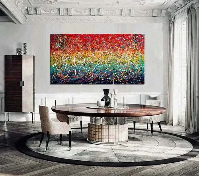 Jackson Pollock Style Modern Art 72, Wall Art Home Decor - Icy Hot in a modern dining room setting.