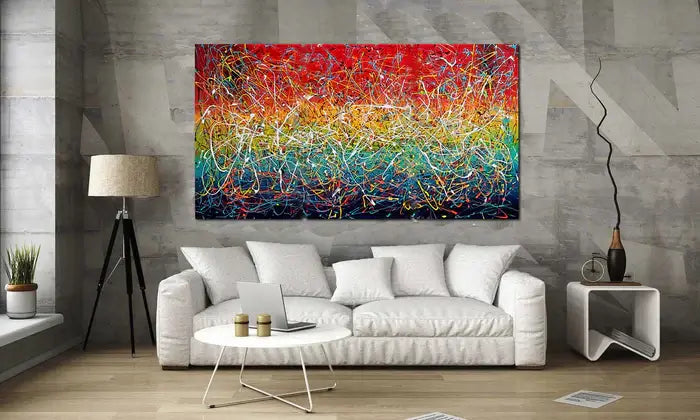 Jackson Pollock Style Modern Art 72 in a living room, colorful abstract expressionism wall art decor.
