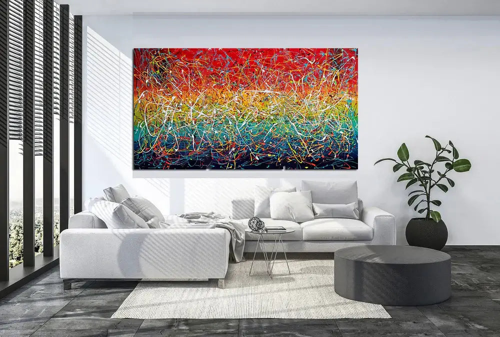 Jackson Pollock Style Modern Art 72, Icy Hot wall art displayed in a contemporary living room.